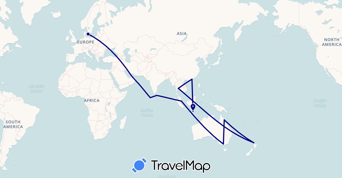 TravelMap itinerary: driving in United Arab Emirates, Australia, China, Denmark, Indonesia, Sri Lanka, Maldives, New Zealand, Singapore, Thailand (Asia, Europe, Oceania)